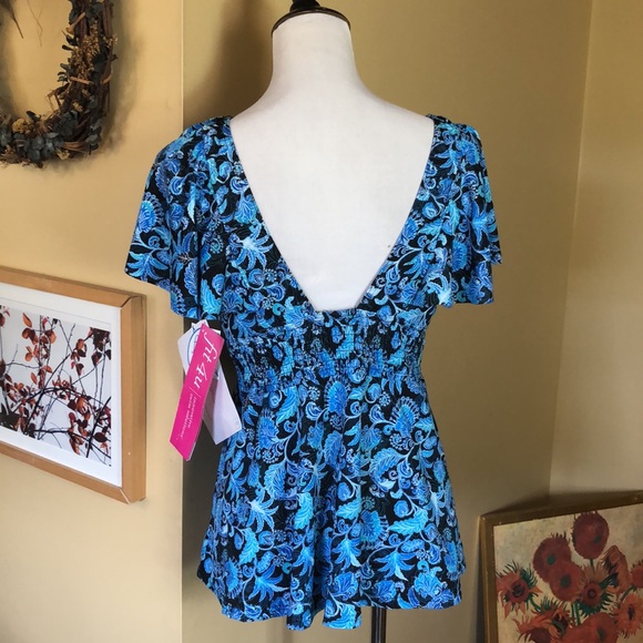FIT FOR YOU size 16 Floral Scroll Fan V-Neck SMOCKED Ruched Empite Waist $78 NEW - Picture 5 of 15